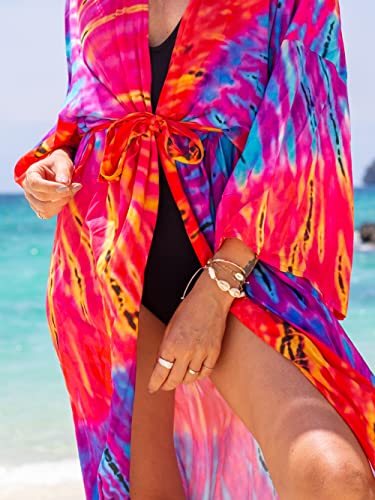 Bathing Suit Cover Up Kimino Red Blue Print Kimonos For Women Summer Cardigan Long Sleeve Beach Blouse Long Beach Kimono Robe Cover Ups Lace Up Loose Kimono Duster Cardigan With Belt 1062-14 #TOP5