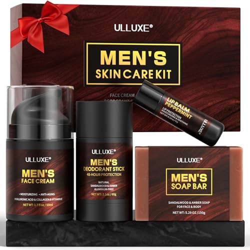 Regalos para el Día del Padre para papá, Set Regalo Cuidado Piel Hombre, Set Cuidado Piel Hombre Incluye Crema Facial Hidratante, Jabón, Bálsamo Labial, Desodorante en Barra