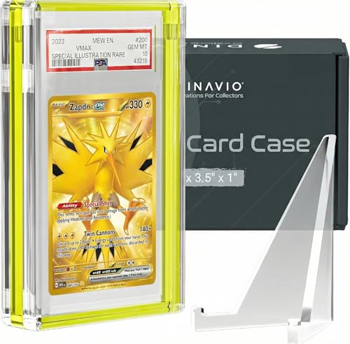 Image of PSA Graded Card Display Acrylic Case for Standard PSA and CGC Slabs - Slab Case - PSA Card Case - Graded Card Display Case - Updated Dimensions - Stand Included (Yellow Border)