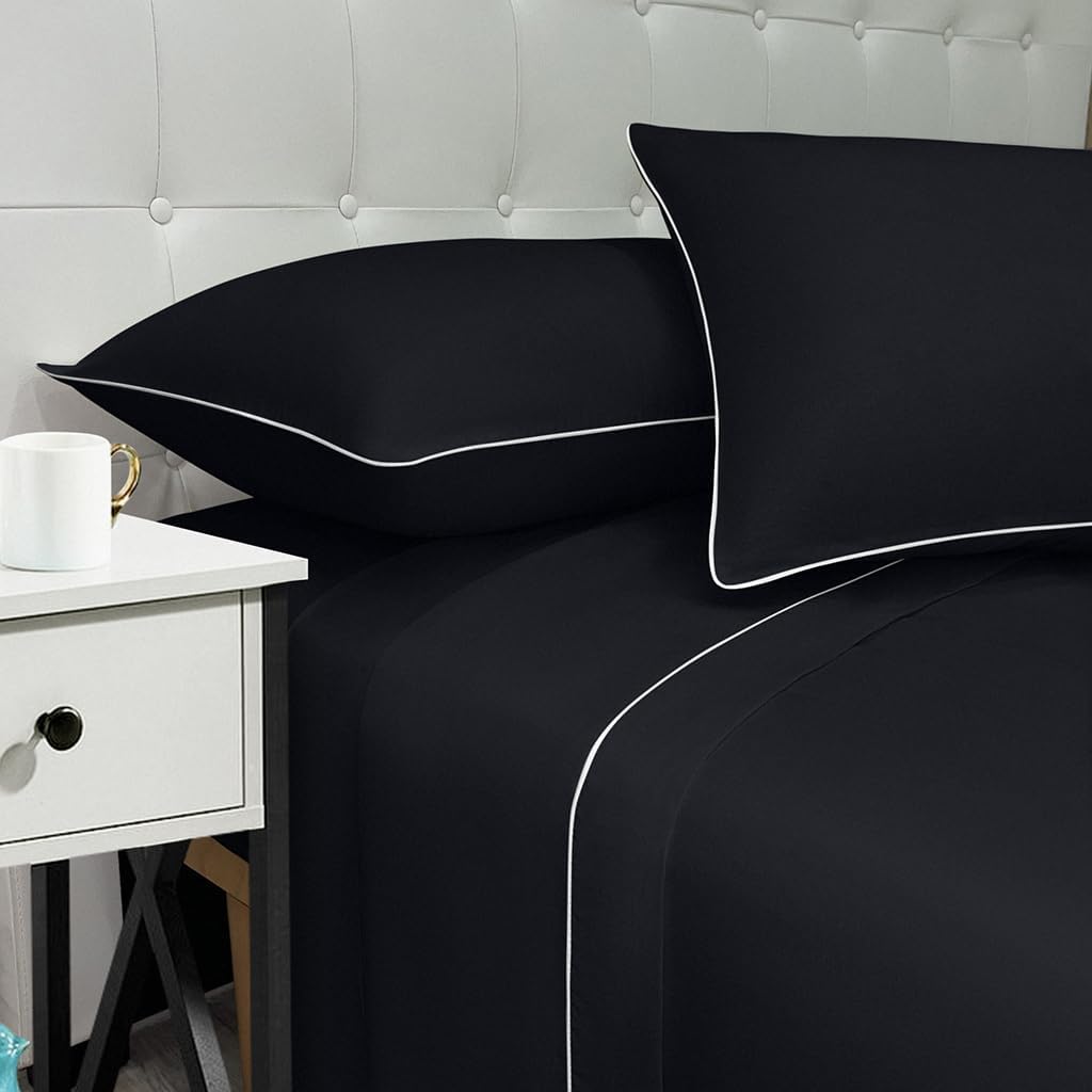 NARCISO - Lenzuola Matrimoniali 100% Cotone Made in Italy, Completo Letto Matrimoniale con Profilo Decorativo Look Moderno, Fantasia Tinta Unita in Varie Colorazioni, Nero