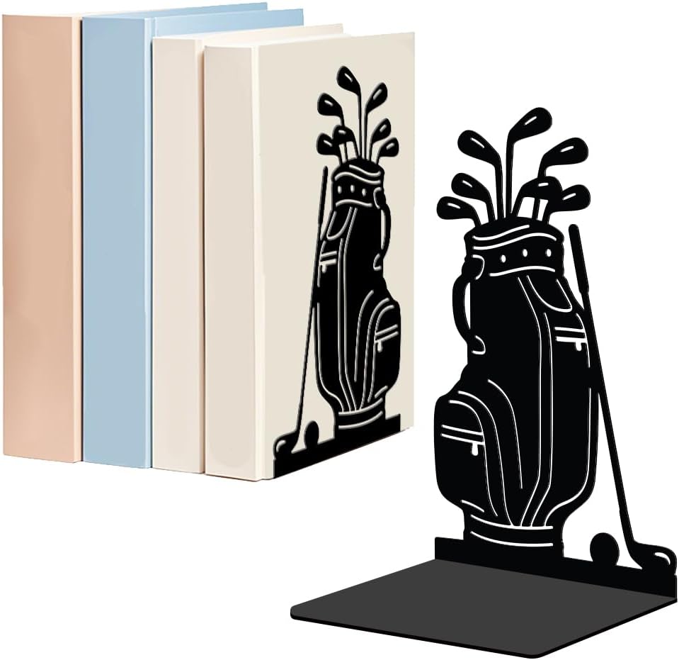 WADORN 1 Pair Golf Bags Clubs Metal Decorative Bookend for Shelves, Heavy Duty Book Ends Modern Non-Skid Books Holder Stand Black Book Support Stoppers for Desk Bookshelf Office Home, 5.3x4.3x7.8 Inch