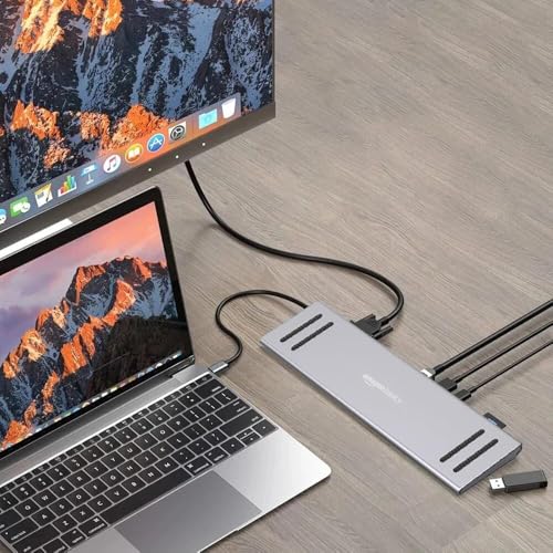 Image of Amazon Basics 13-in-1 USB-C Hub Docking Station with HDMI, VGA, PD 3.0, 4 USB Ports, 2 USB-C Ports, 10 /100M Gigabit Ethernet, and Laptop Stand for MacBook, iPad, Surface Pro, and Windows Laptops