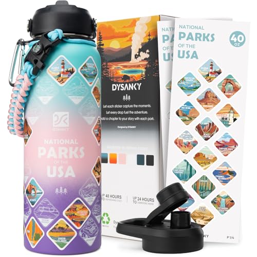 DYSANKY National Parks Water Bottle – 40 oz Insulated Stainless Steel Water Jug with 70 Park Stickers, Outdoor Accessories & Gift Box – BPA-Free – Ideal for Hiking, Camping & Travel