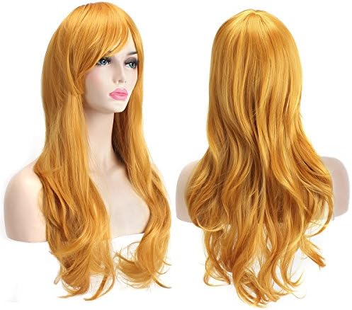 Akstore 28" 70cm Fashion Wigs Long Wavy Curly Hair Cosplay Wig & Wig Cap (Yellow)