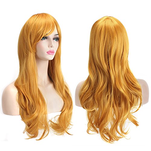 Akstore 28" 70Cm Fashion Wigs Long Wavy Curly Hair Cosplay Wig & Wig Cap (Yellow) #TOP6