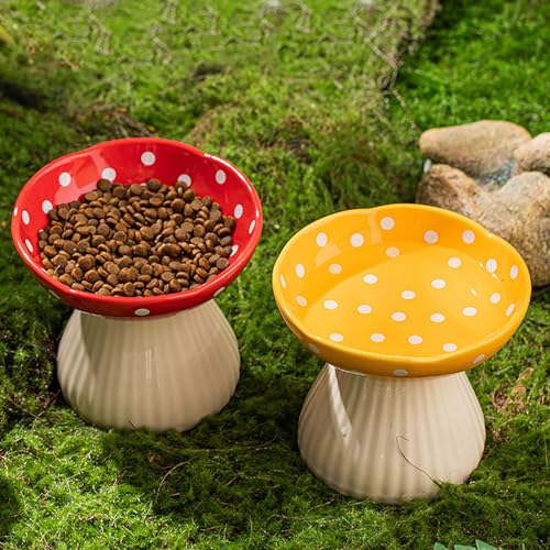 Pilz Futternapf Katze, Katzennapf Erhöht aus Keramik, Katzennapf für Katze Hunde Welpe Futter Und Wasser, Fressnapf und Wassernapf, schützt die Wirbelsäule des Haustiers (Rot)