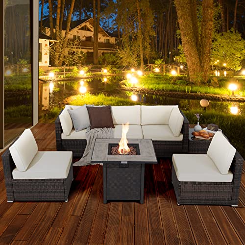 Tangkula 7 Piece Patio Furniture Set with Fire Pit Table, Patiojoy Outdoor PE Wicker Conversation Sectional Sofa Set with 30 Inches 50,000 BTU Propane Fire Pit Table, Waterproof PVC Cover - Image 3