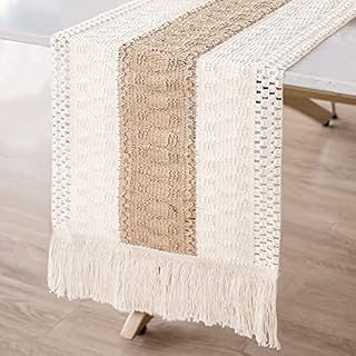 GUDELAK Macrame Table Runner Farmhouse Style, Natural Burlap Boho Table Runner Modern Farmhouse Decor Rustic Woven Cotton Crochet Lace for Bohemian, Rustic, Bridal, Shower Wedding, Dinner, 72" x 12"