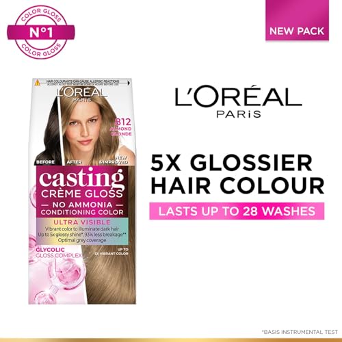 Image of L'Oreal Paris Casting Creme Gloss Hair Color With Glycolic Gloss Complex | Ultra Visible Shade 812 - Almond Blonde | 60ml + 40ml + 60g