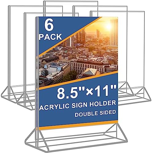 Acrylic Sign Holder 8.5 x 11 Vertical Double-Sided Flyer Display Stands, Plastic Table Menu Stand, Clear Picture Paper Frames for Office Home Store Restaurant 6Pack