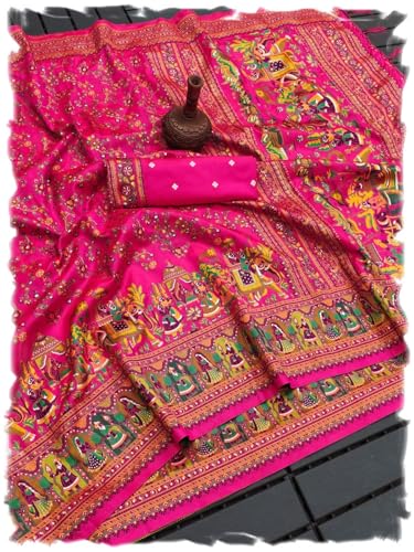 Pandadi Saree Woman's Dark Pink Pure Silk Weaving Work Saree with Unstitched Blouse Piece.