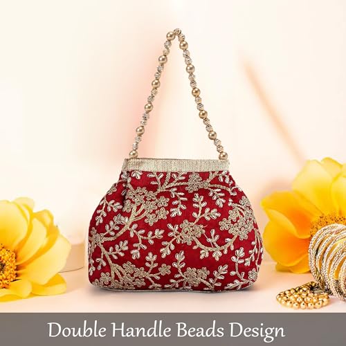 Image of Kuber Industries Pack of 2 Potli Bags for Ladies & Girls | Women Shagun Pouches for Festive Seasons | Bridal Purse | Moti Embroidery- Peach & Maroon