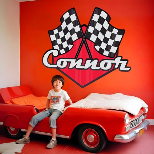 Decoración Infantil para Niños - Vinilo Personalizado con Nombre y Tema de Coches - Adhesivo Pared Bandera de Carreras - Nombre Personalizable para Bebés y Niños