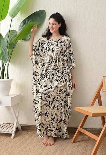 Image of Ichaa Women's Pink Rayon Printed Round-Neck Kaftan-Style Free Size Nighty with Drawstring