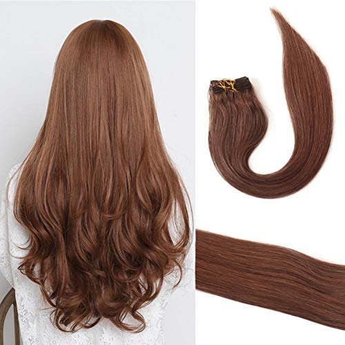 Clip in Human Hair Extensions Clip on 100% Real Hair Extension Silk Straight Brazilian Remy Hair 70g 7 Pieces #30 Medium Auburn Clip Ins for White Women