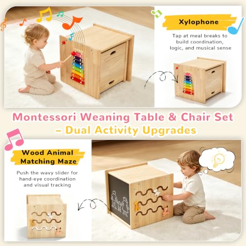 Image of Montessori Weaning Table and Chair Set for Toddlers Age 1-3, Multi-Sensory | Flip Stool to Adjust Height,Blackboard, Animal Matching Maze, Xylophone, Natural Wood,CPC Certification, for Dining, Painting