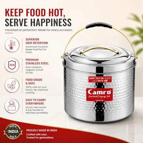 Image of Camro Sambar Pot Hammered | Sambar Pot with Lid | Casserole for Cooking | Canteen & Hotel Casserole Container | Picnic Hot | Biryani Box Hot & Cold Serving (5 Liters)