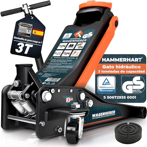 Gato hidraulico para Coche 3T | Gato Coche de maniobra homologado por TÜV con Altura de elevación de 75 505 mm | Gato hidráulico Premium con Ruedas de 360° y pistón Doble | Gato con Soporte de Goma y