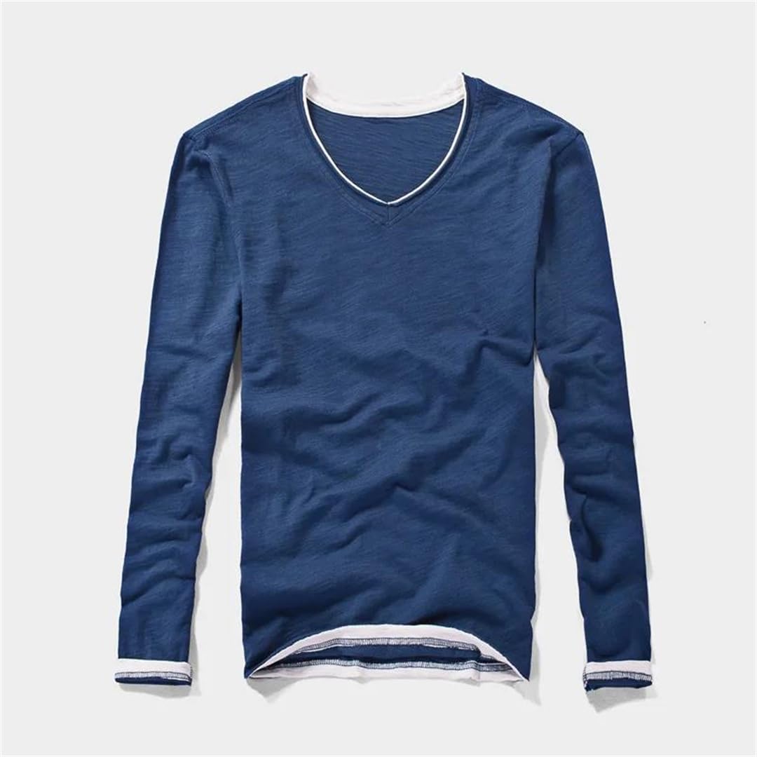 Maglietta da uomo in stile vintage con scollo a V, a maniche lunghe, look a strati, leggera, traspirante, traspirante