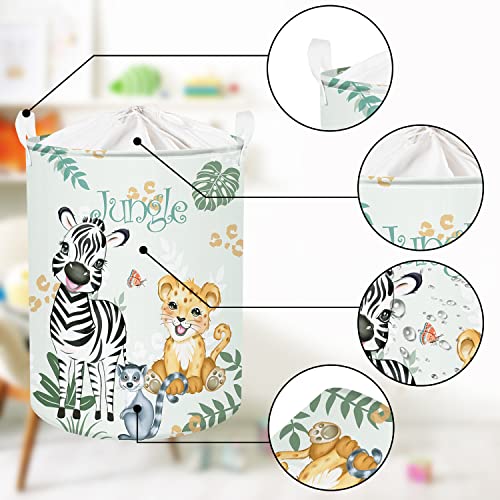 Clastyle 45L Tropical Animals Zebra Leopard Lemur Leaves Kids Laundry Hamper Giraffe Elephant Otter Green Round Toy Clothes Storage Basket For Children Room, 14.2X17.7 In #TOP4