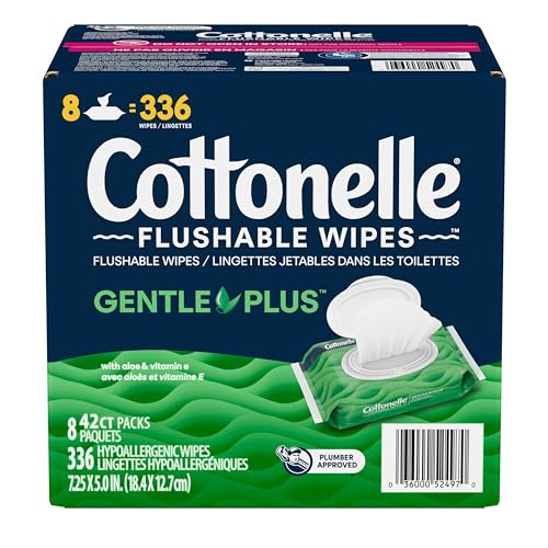 Cottonelle GentlePlus Flushable Wet Wipes with Aloe & Vitamin E, Adult Wet Wipes, 8 Flip-Top Packs, 42 Wipes per Pack (336 Total Flushable Wipes) by Cottonelle - Image 8