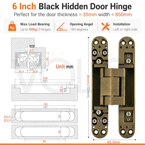 Image of VOLO Heavy-Duty Concealed Hinges - Hidden Door Hinges for Wooden & Flush Doors, Matt Black Finish | Pack of 2 Pieces | (6 Inch | Antique)