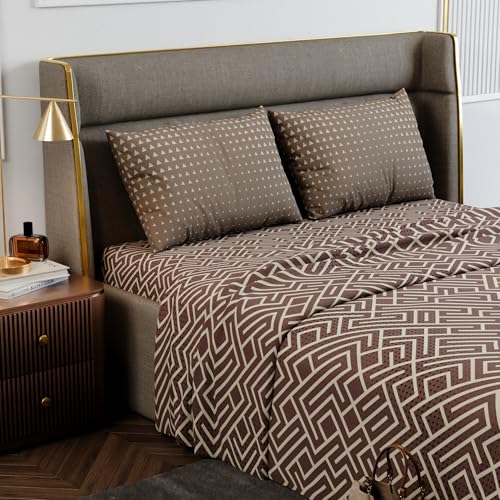 Image of Stoa Paris 100% Cotton Super King Bedsheet with 2 Pillow Covers for King & Double Beds,180TC Printed Bedding Set, Breathable, All-Season Comfort, Lightweight, Urbanscape - Mauve Labyrinth(274x274cm)
