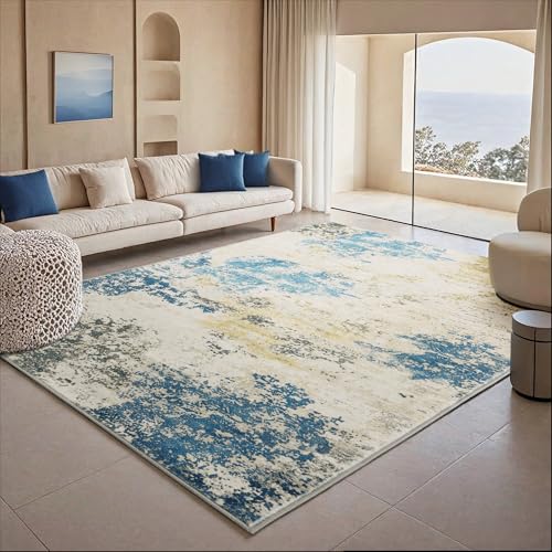 Carvapet 12x9 Area Rug for Living Room Bedroom – Washable 9 x 12 Blue Modern Abstract Carpet, Low Pile, Non-Slip, Foldable Large Area Rug with Rubber Backing