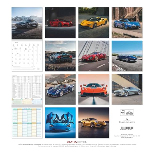 Alpha Edition - High Speed Kalender 2026 – Broschürenkalender 30×30 cm, mit 12 Luxusauto-Motiven, 6-sprachigem Kalendarium & Zusatzinfos, FSC-zertifizierter Wandkalender für Autofans