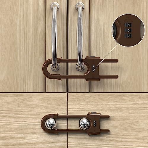 Child Proof Sliding Cabinet Door Code Locks Baby Safety Cupboard Locks Adjustable U Shaped Cabinet Latches for Knob Handle Drawers Closet (4 PCS, Coffee)