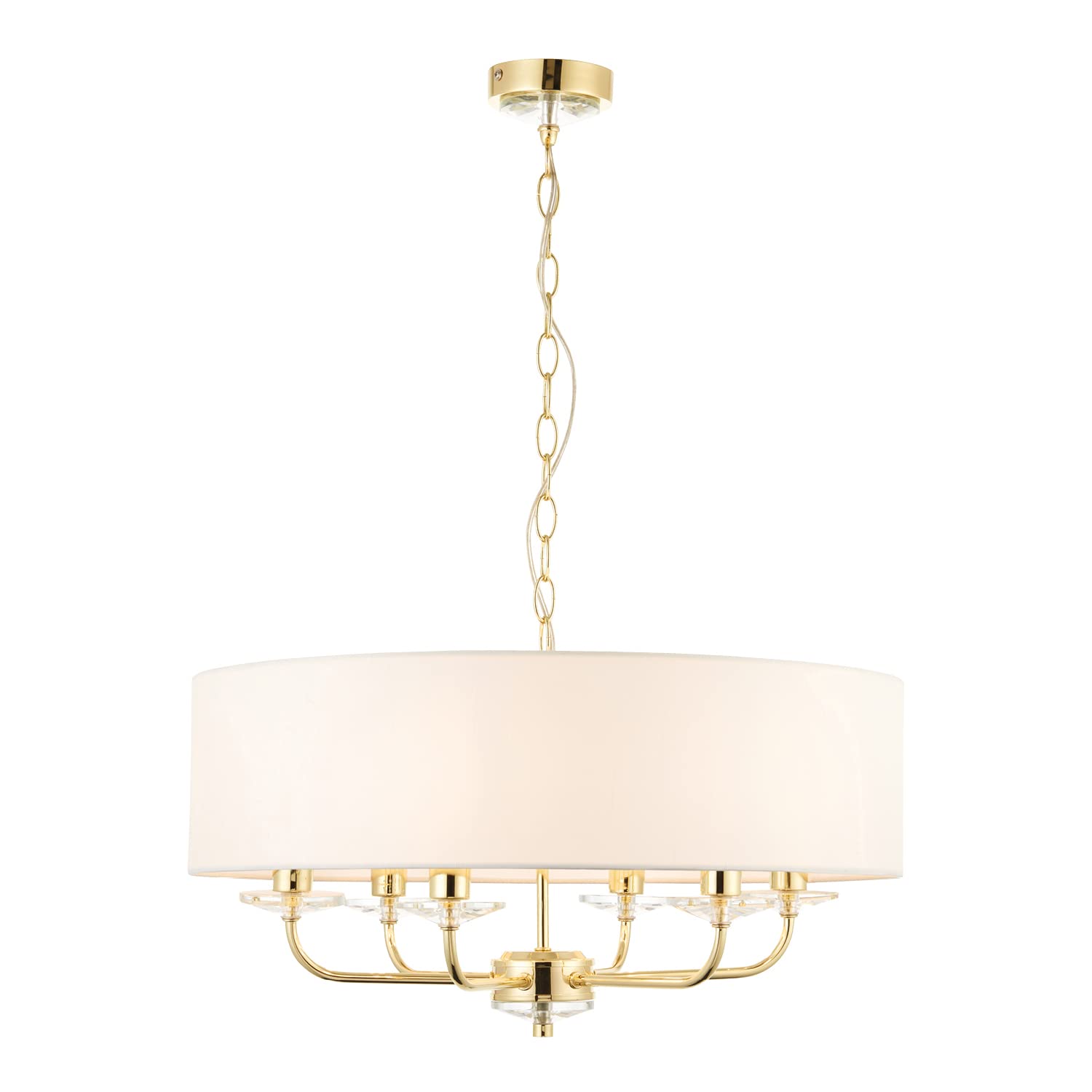 National Lighting Kennedy Modern Brass Multi Arm 6 Way Pendant Ceiling Light with Crystal Detail and White Fabric Shade