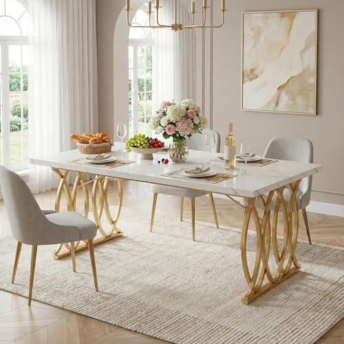 Lailang 160cm Tavolo da Pranzo, Mobili Soggiorno, Angolo Caffe Cucina, Tavolo Effetto Marmo, Tavolo Ufficio Riunioni, 160 x 80 x 75 cm, Bianco e Oro
