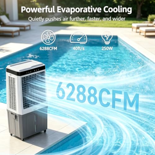 Image of Uthfy 6288 CFM Swamp Cooler for 1,400 sq. ft, 48 inch Evaporative Air Cooler with 21.5 Gal Detachable Water Tank, 120 Oscillation, 3 modes, 12H Timer, Indoor & Outdoor Air Conditioner for Garage, Patio