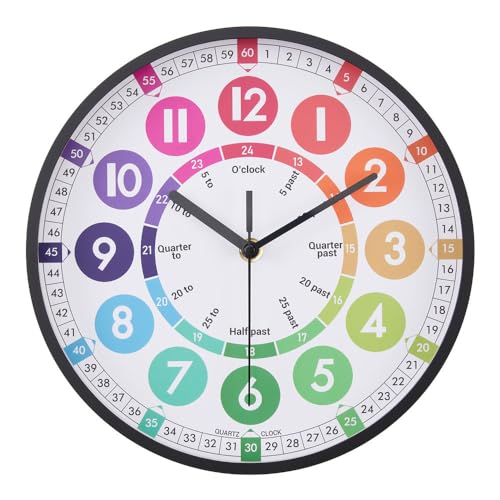 Warmiehomy Kids Time Learning Wall Clock Colourful Small Time Teaching Wall Clock Silent Learn to Tell the Time Kids Wall Clock With Black Hands For Bedroom Study Kids Room,25cm (Black Frame)