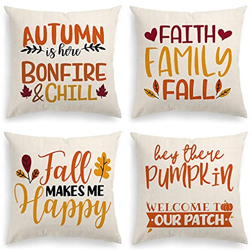 INSHERE Happy Fall Farmhouse 4 Pack Throw Pillow Covers Cases for Couch Sofa Bed Home Decor, Autumn Pumpkin Square Cotton Linen Cushion Cover 18 X 18 Inches (Fall 6)