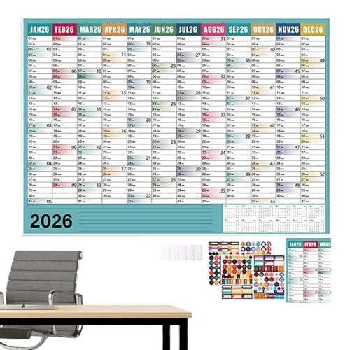 Derwrtup Calendario de pared 2026,Gran Póster Calendario de Pared 2026 - Planificador Año Académico Con Pegatinas Para Profesores Estudiantes Escuela Oficina Hogar