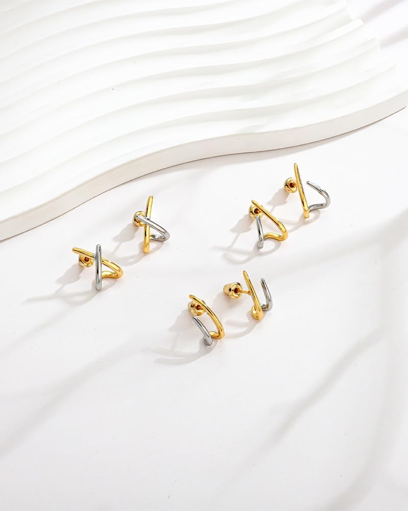 Small Two Tone Stud Earrings for Women Trendy Gold and Silver Minimalist Cross Earring Dainty Earrings Mixed Metal Jewelry Gifts for Daily Wear,3 Styles - Image 9