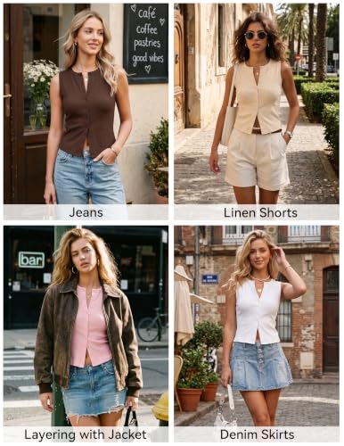 Gleeneat Womens Button Down Up Going Out Sleeveless Ribbed Cropped Tank Tops 2026 Trendy Cute Summer Sexy Slim Fit Crop Basic Vest Top Y2K Shirts Spring Outfits Clothes Dupes Apricot — view 6