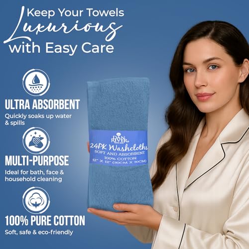 Image of DAN RIVER 24 Pack Wash Cloths for Showering [12x12] - 100% Cotton Washcloths Premium Quality Flannel Face Cloths for Bathroom, Highly Absorbent and Soft Feel Wash Clothes, M Blue