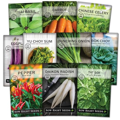 Sow Right Seeds - Asian Garden Seeds for Planting - Includes Basil, Celery, Bunching Onion, Yu Choy Sum, Eggplant, Pepper, Bok Choy, Tat SOI, Radish and Carrot - Non-GMO Heirloom Varieties