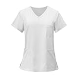 FONMA Womens Scrub Tops Summer Casual Solid Color Short Sleeve V Neck Nurse Uniform Work Blouse Loose Workout Pullover Shirt