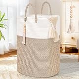 65L Woven Laundry Basket for Clothes, Large Rectangle Laundry Hampers with Beads Tassel, Nursery Storage Basket for Toys, Tall Dirty Clothes Hamper for Bedroom Aesthetic, Laundry Room Organization