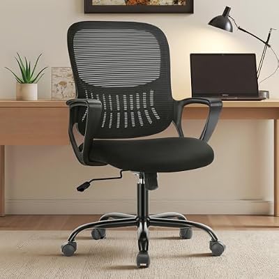 OLIXIS Home Office Chair, Mid Back Computer Ergonomic Mesh Desk with Large Seat, Executive Height Adjustable Swivel Task with Lumbar Support and Armrest, for Adults, Black