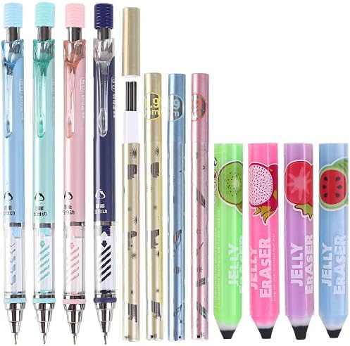 Ipienlee 0.9 mm Mechanical Pencil Stationery Set Including 4pcs Mechanical Pencils with 4 Tubes HB Lead Refills and 4pcs Jerry Erasers for Writing Draft, Drawing, Sketch, Architecture
