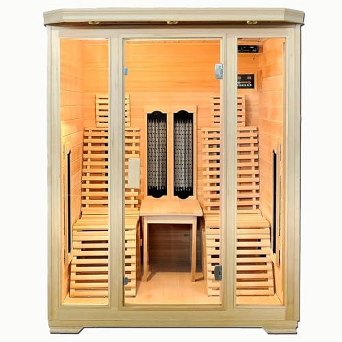Cabina de infrarrojos Gotemburgo para 2 personas, madera de cicuta, emisores de calor profundo, sistema de sonido Bluetooth, terapia de color, aromaterapia, desinfección de ozono, ahorro de espacio y