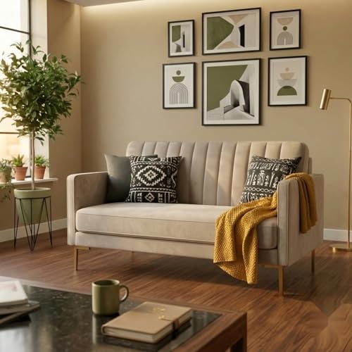 Image of Velum 3 Seater Sofa for Living Room & Office | Premium Fabric Upholstery | Solid Wood Frame | Comfortable Seating | 3 Years Warranty (Beige, 2 Seater Sofa)