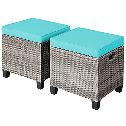 HPW 2PCS Outdoor Mixed Grey PE Rattan Ottoman Removable and Soft Seat Cushion Anti-Slip Foot Pads Serves As Footstools Side Table Additional Seats Suitable for Patio Garden Backyard Poolside Use