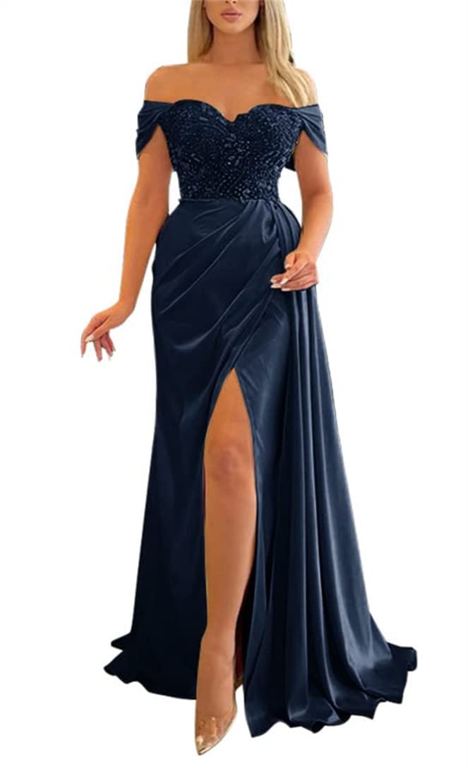 Cold Shoulder Long Bridesmaid Dresses Side Slit Beaded Wedding Party Gowns for Women