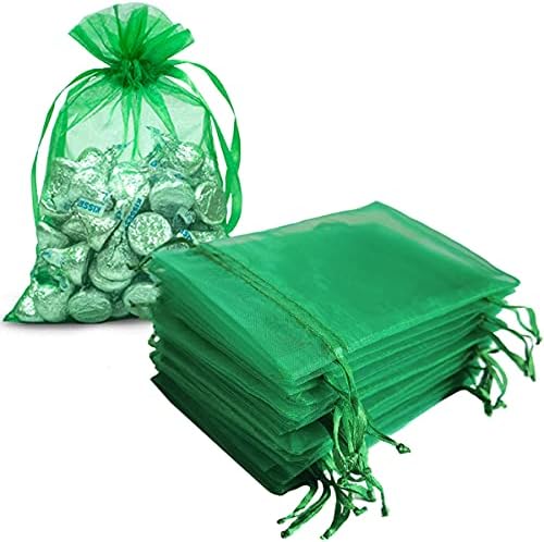 Gmnosuw 50 Pcs Organza Drawstring Gift Wrap Bags for Jewelry, 4x6 Inch Sheer Fabric Mesh Green Clear Soft Rope Goody Package Sachet for Baby Shower,Christmas,Birthday,Party Favors,Wedding,Engagement