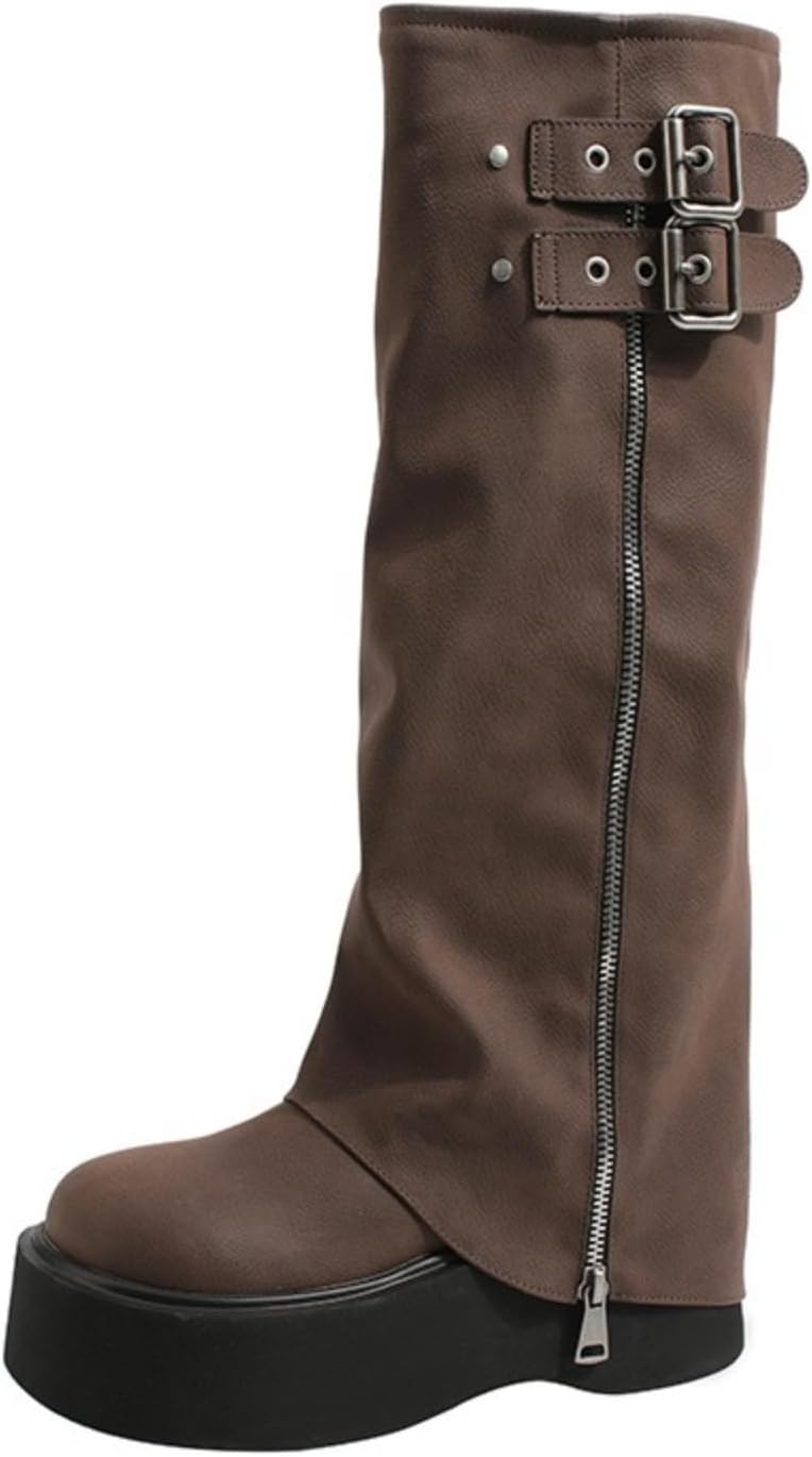 Women's Leather Pull On Knee High Boots Chunky Heel Rivet Metallic Buckles Retro Square Toe Gothic Motorcycle Vintage Casual Shoes for Daily Wear Office Outing